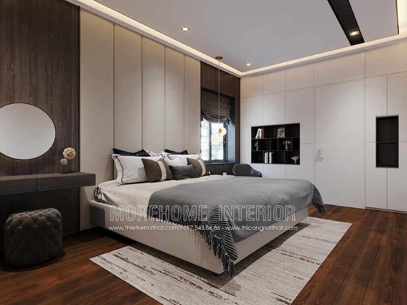 Bố trí nội thất phòng ngủ màu trắng hiện đại đẹp, sang trọng.