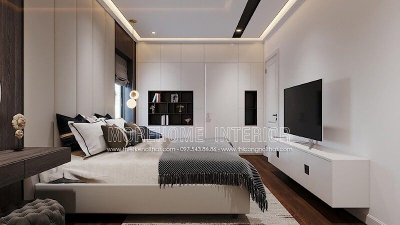Trang trí nội thất phòng ngủ đẹp nổi bật với sắc trắng sang trọng.