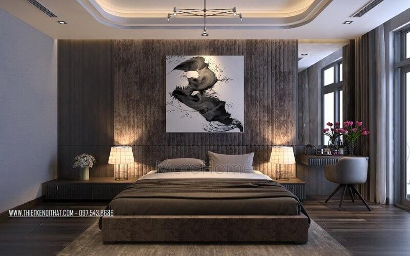 Tranh trang trí nghệ thuật tạo điểm nhấn độc đáo cho phòng ngủ master hiện đại.