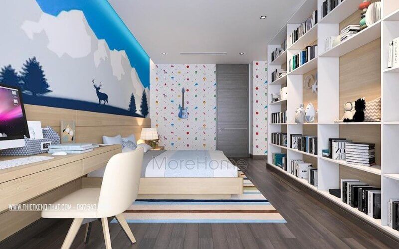 Thiết kế nội thất phòng ngủ con đẹp, sinh động với tranh, giấy dán tường bắt mắt.