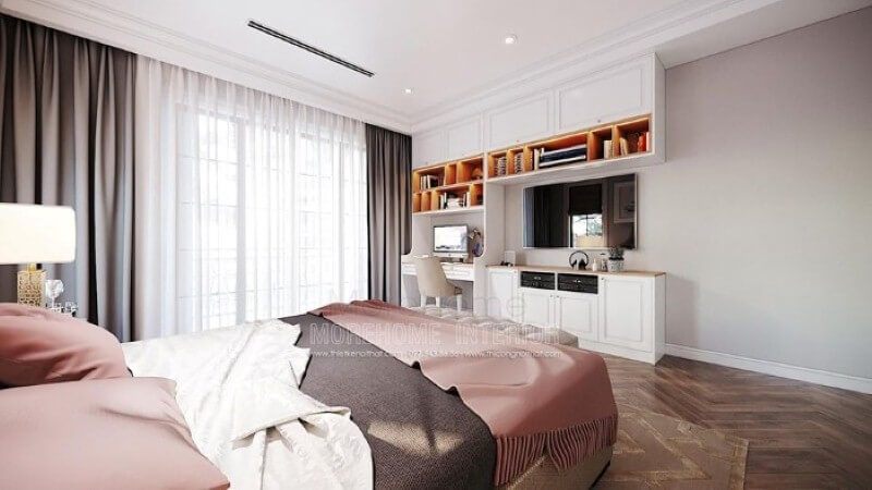 Thiết kế nội thất góc học tập trong phòng ngủ của bé gái đẹp ấn tượng theo phong cách đương đại.