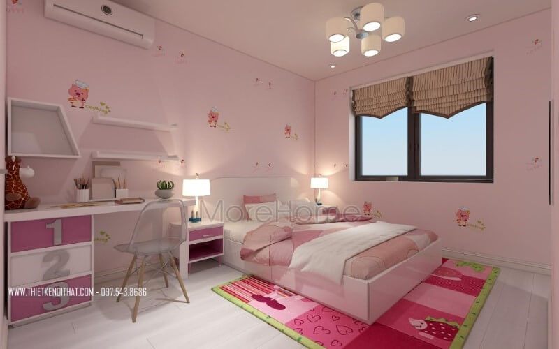 Thiết kế phòng ngủ con gái đẹp, đáng yêu từ sắc hồng điểm nhấn.