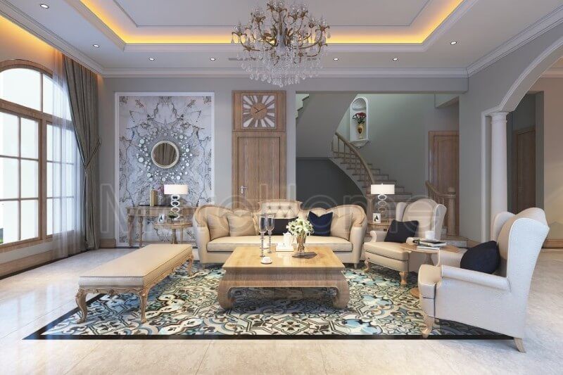 Thiết kế sofa phòng khách biệt thự mang phong cách tân cổ điển với gỗ tự nhiên, một sự kết hợp nhịp nhàng tạo ra hiệu ứng đẹp mắt