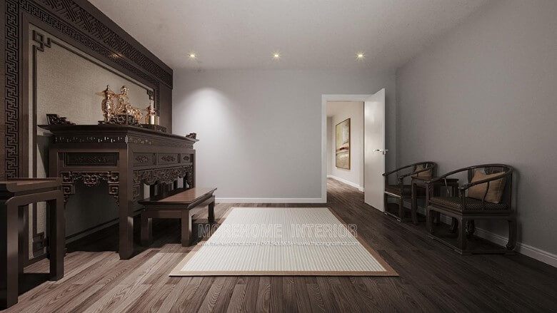 Bàn ghế gỗ tự nhiên mang lại sự đẹp đẽ cho không gian nội thất của phòng thờ.